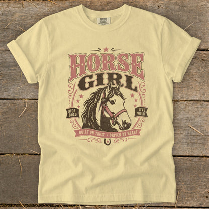 Yellow t-shirt with "Horse Girl" text and horse head graphic.