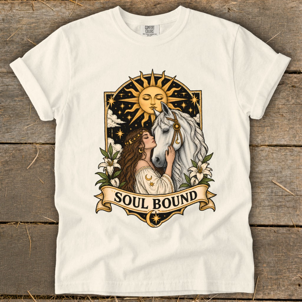 Woman kissing white horse under ornate sun and stars, text "SOUL BOUND".