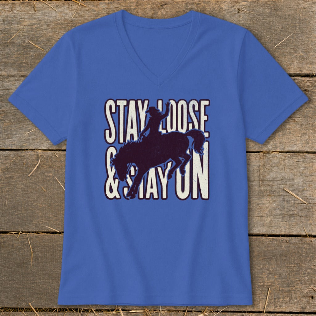 Blue t-shirt with "STAY LOOSE & STAY ON" text and bronco rider silhouette.