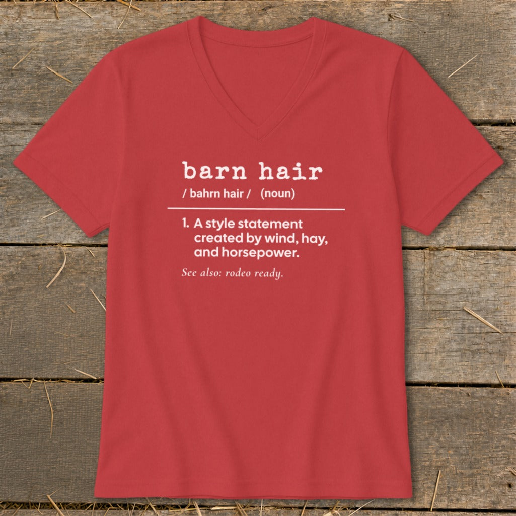 Red v-neck t-shirt with "barn hair" definition and "rodeo ready" text.
