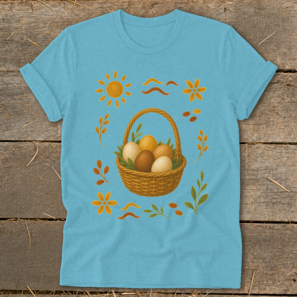 Blue t-shirt with woven basket of eggs surrounded by sun, flowers, and leaves.