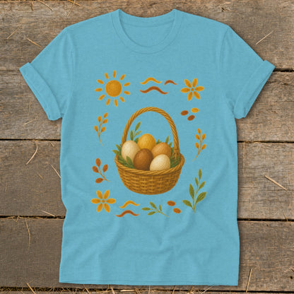 Blue t-shirt with woven basket of eggs surrounded by sun, flowers, and leaves.