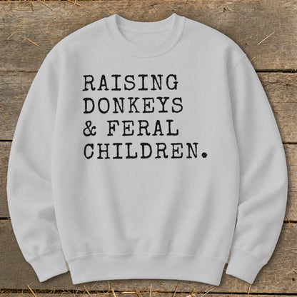 Light gray sweatshirt with black text: Raising Donkeys & Feral Children.