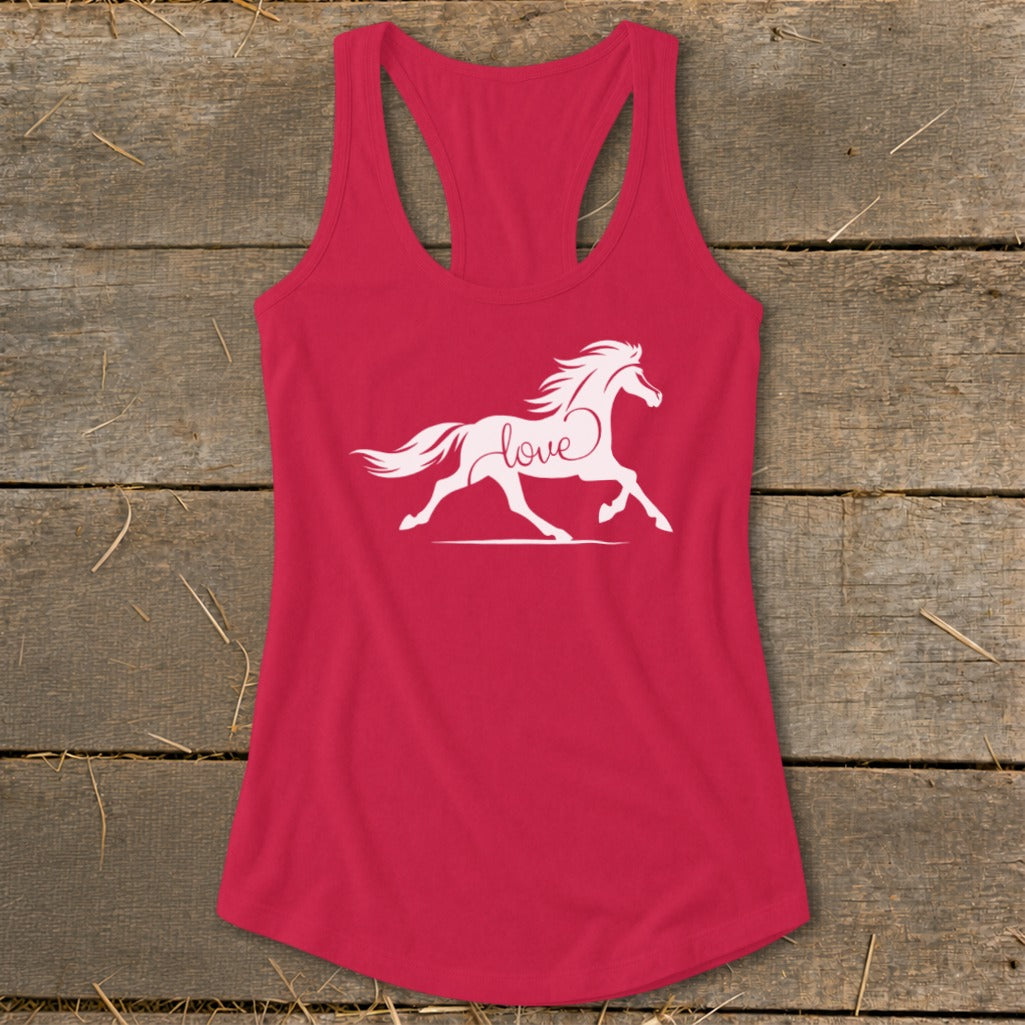Red tank top with white running horse graphic and the word "love".