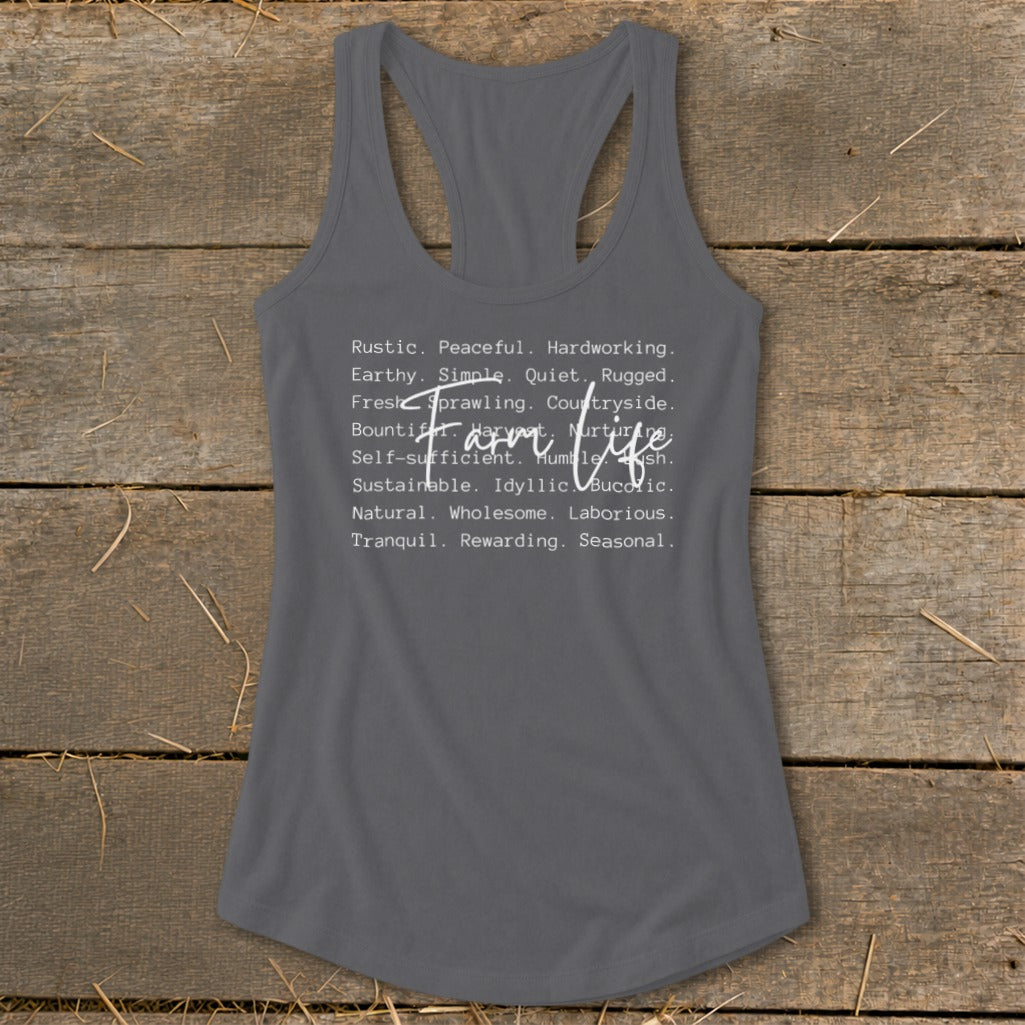 Gray tank top with "Farm Life" and descriptive words printed on it.