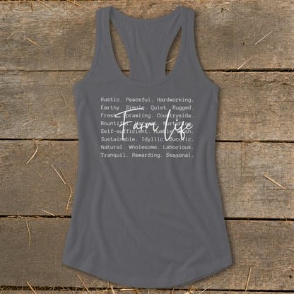 Gray tank top with "Farm Life" and descriptive words printed on it.
