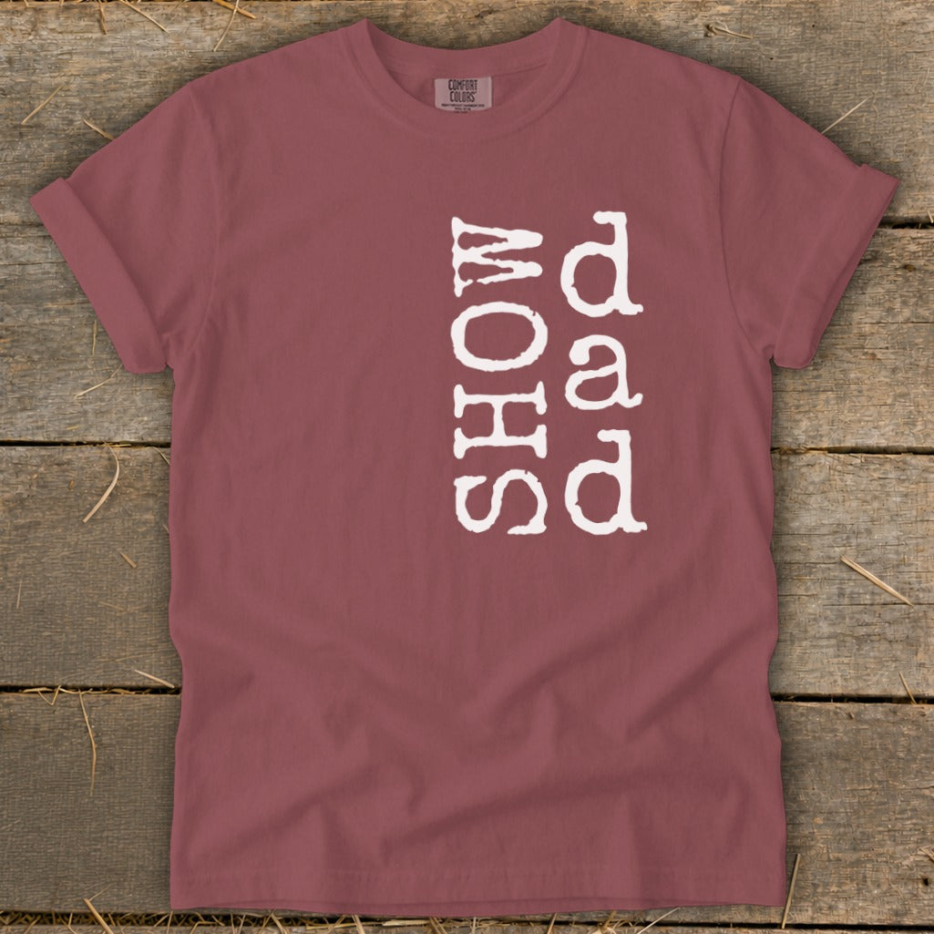 Red t-shirt with vertical white text reading "Dad Show".