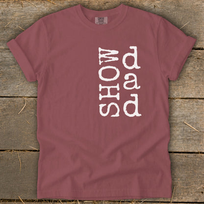 Red t-shirt with vertical white text reading "Dad Show".