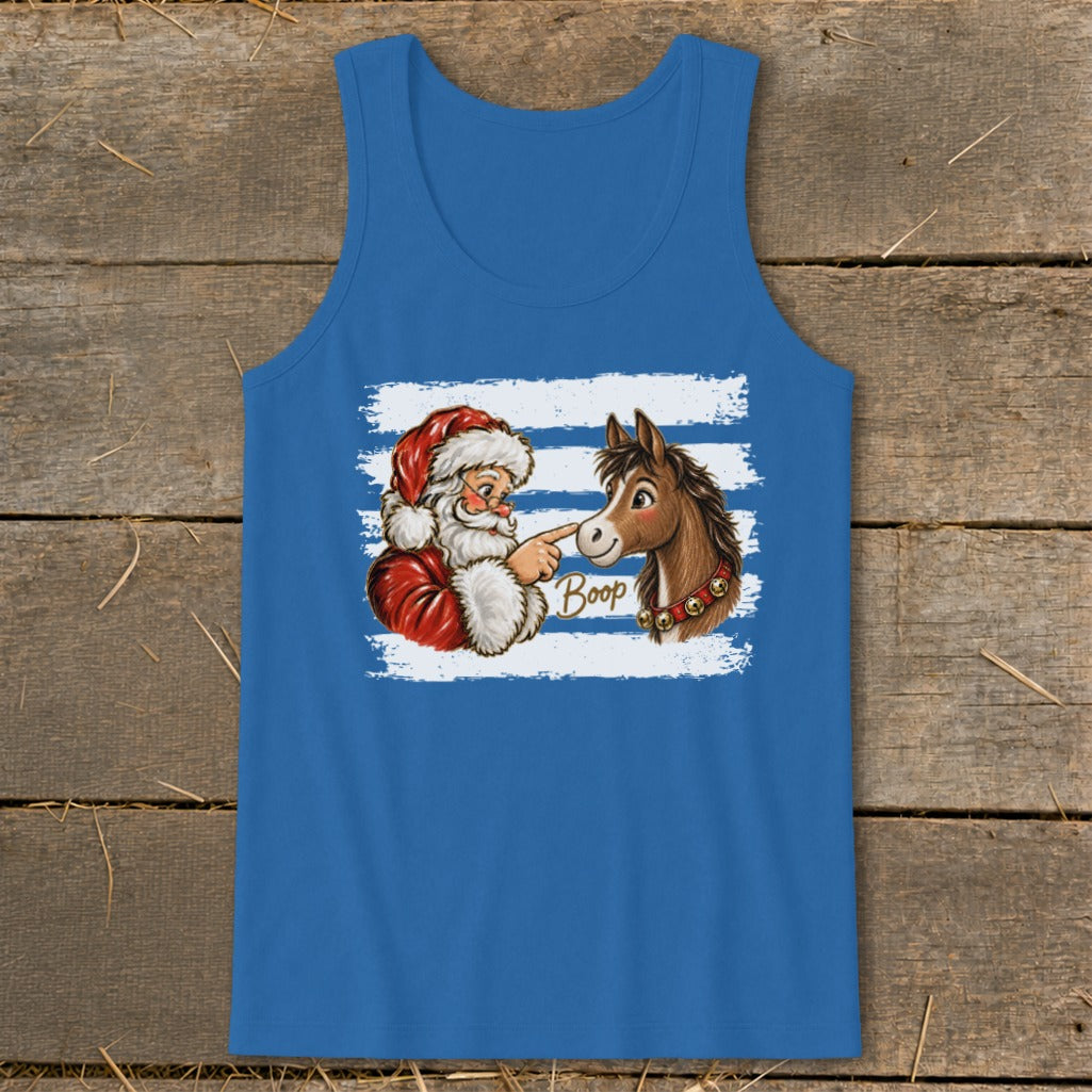 Santa booping a horse's nose with "Boop" text on a blue tank top.