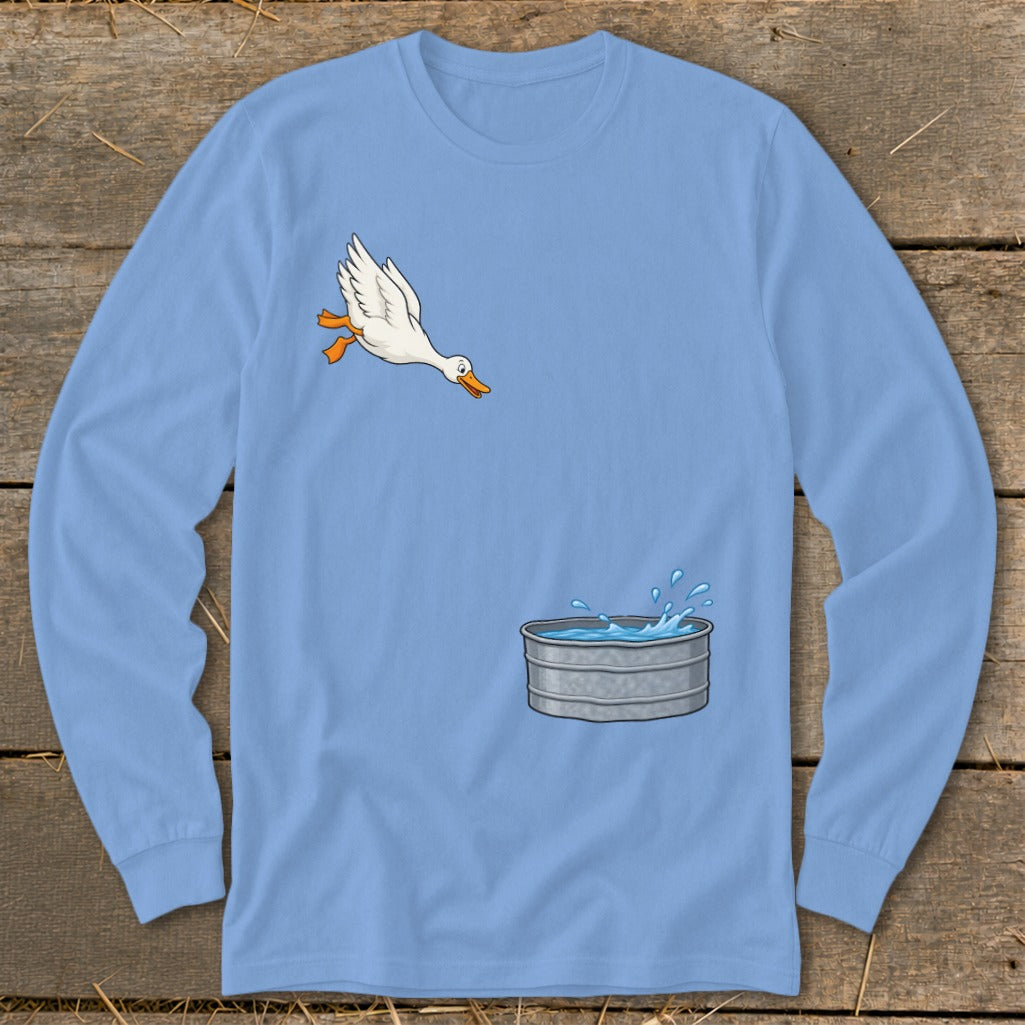 Cartoon duck flying over a metal water trough with splashing water.