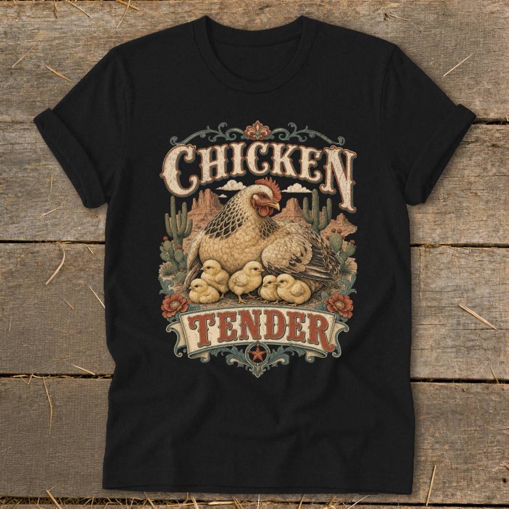 Black t-shirt with "Chicken Tender" text and hen with chicks illustration.