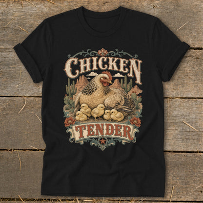 Black t-shirt with "Chicken Tender" text and hen with chicks illustration.
