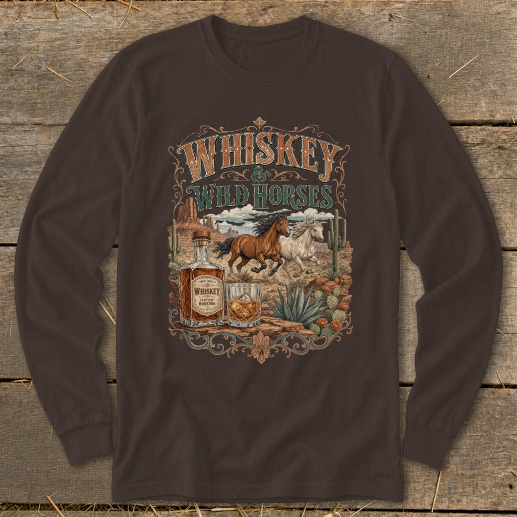 Brown long-sleeve shirt with "Whiskey & Wild Horses" graphic and desert scene.