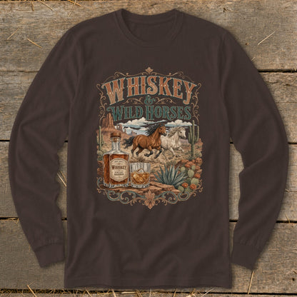 Brown long-sleeve shirt with "Whiskey & Wild Horses" graphic and desert scene.