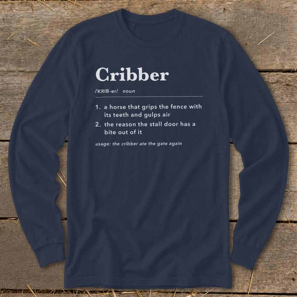 Dark blue long-sleeve t-shirt with white dictionary-style definition text centered on the chest.