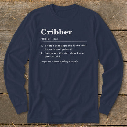 Dark blue long-sleeve t-shirt with white dictionary-style definition text centered on the chest.