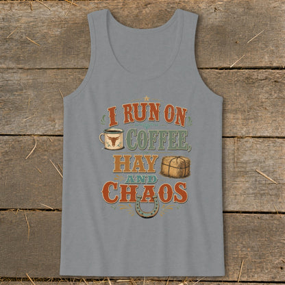 Tank top with "I run on coffee, hay, and chaos" text and graphics.