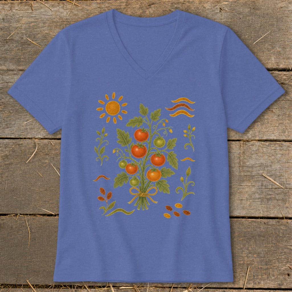 Blue v-neck t-shirt with embroidered tomato vine, sun, and wavy lines design.