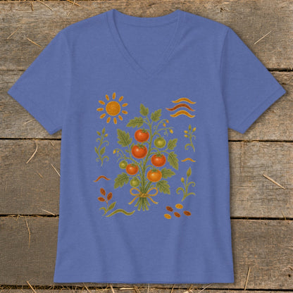 Blue v-neck t-shirt with embroidered tomato vine, sun, and wavy lines design.