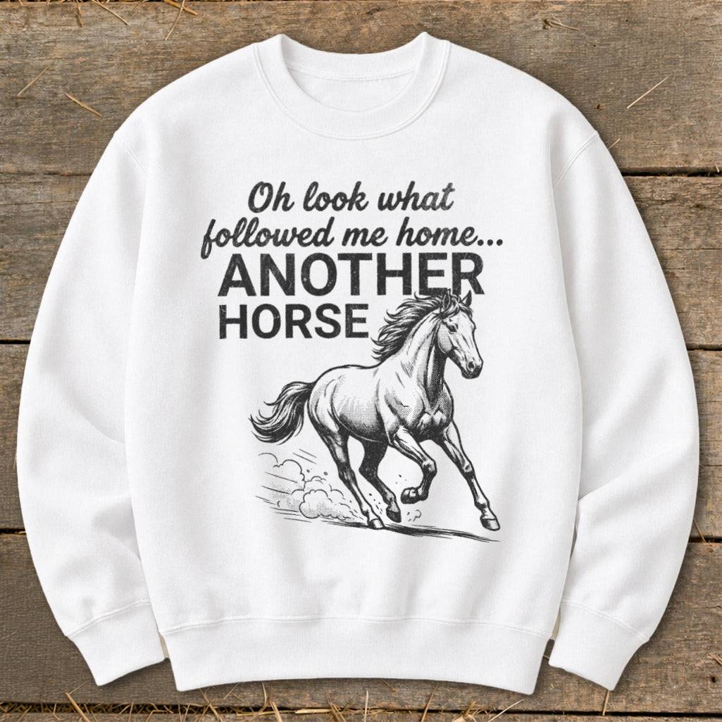 White sweatshirt with text and horse graphic: "Oh look what followed me home... ANOTHER HORSE"