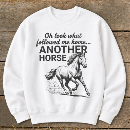 White sweatshirt with text and horse graphic: "Oh look what followed me home... ANOTHER HORSE"
