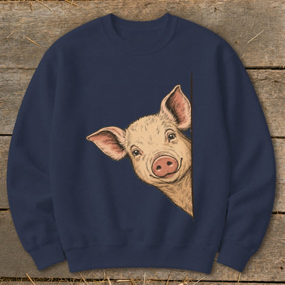Navy sweatshirt with a peeking pig illustration on the front.
