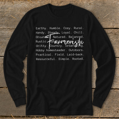 Black long-sleeve shirt with "Farmerish" and descriptive words in white text.