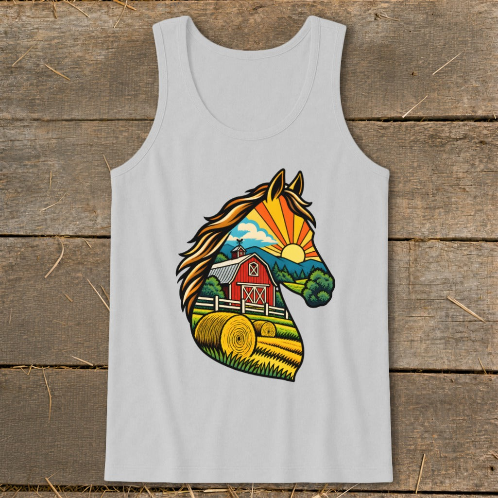 Light gray men's tank top featuring a colorful graphic of a horse head filled with a rural farm scene.