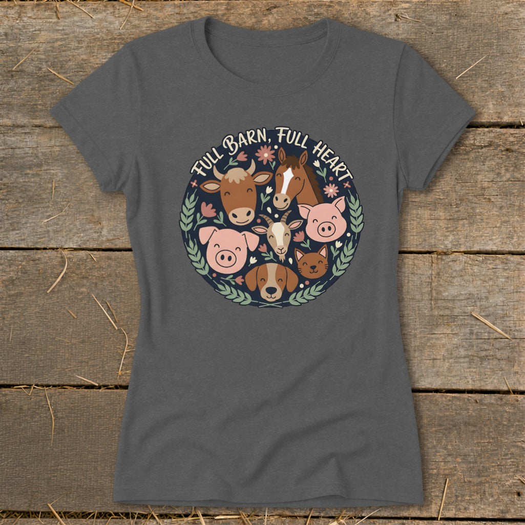 T-shirt with cartoon farm animals and "Full Barn, Full Heart" text.