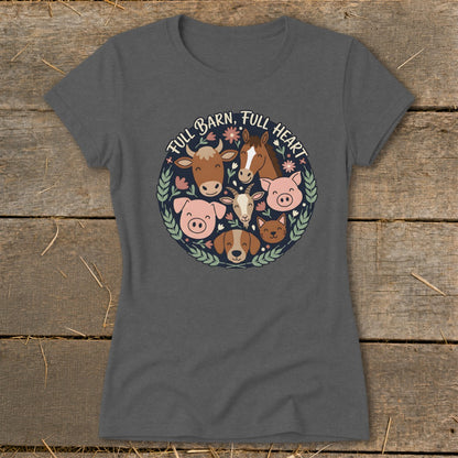 T-shirt with cartoon farm animals and "Full Barn, Full Heart" text.