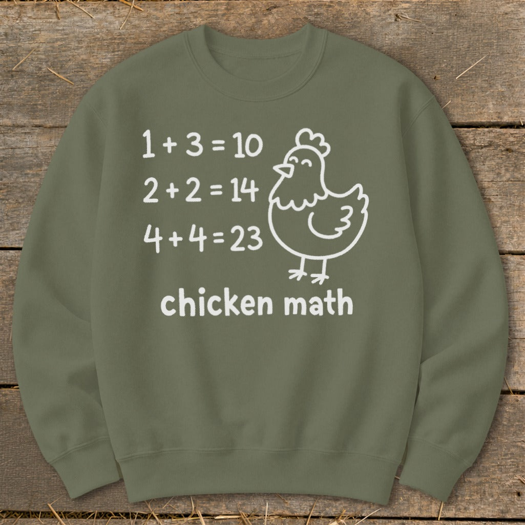 Olive green sweatshirt with white text and chicken graphic reading "chicken math."