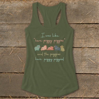 Olive green tank top with text and row of small, colorful pigs.