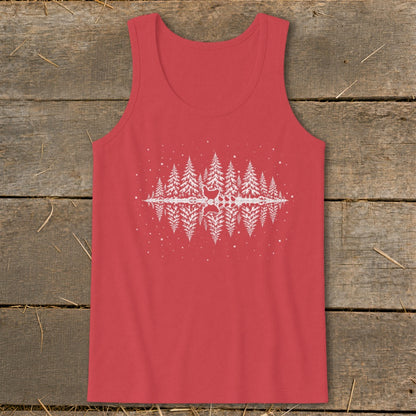 Red tank top with white pine trees and deer graphic reflected in water.