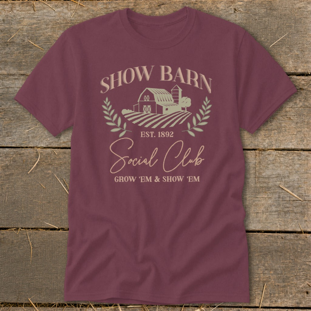 Burgundy t-shirt with "Show Barn Social Club EST. 1892" graphic.