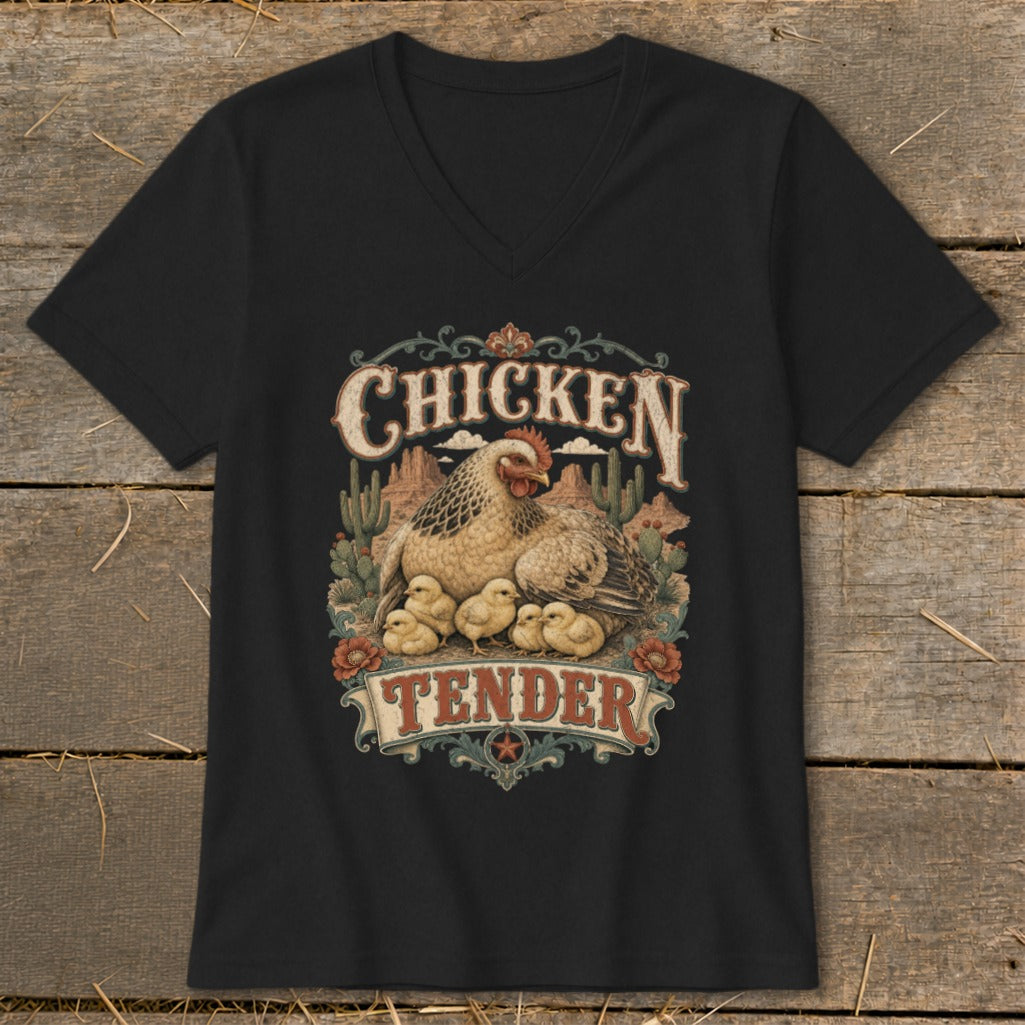 Black t-shirt graphic with hen and chicks, text "CHICKEN TENDER".