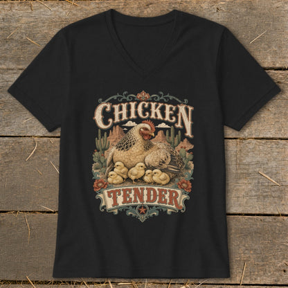 Black t-shirt graphic with hen and chicks, text "CHICKEN TENDER".