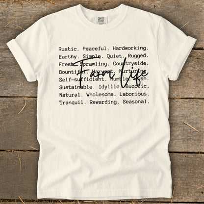 Cream t-shirt with "Farm life" and descriptive words.