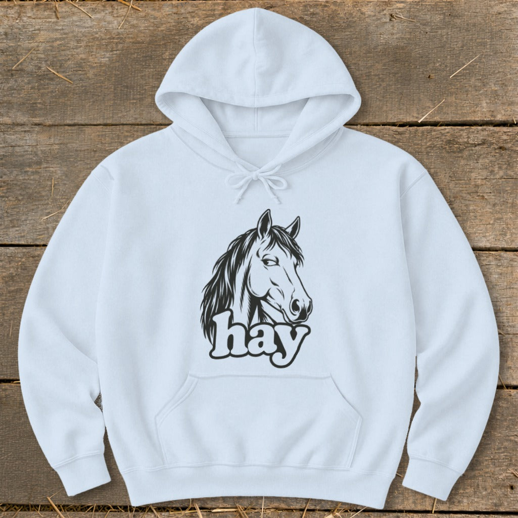 White hoodie with a black graphic of a horse head and the word "hay".