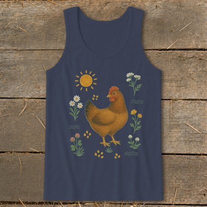 Navy tank top with a hen, sun, and floral design.