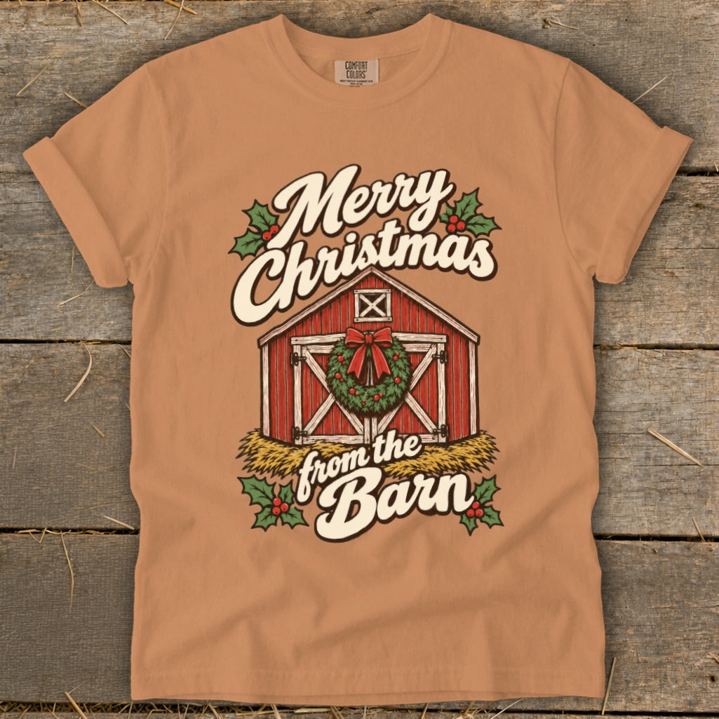 T-shirt with "Merry Christmas from the Barn" text and barn graphic.