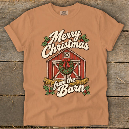 T-shirt with "Merry Christmas from the Barn" text and barn graphic.