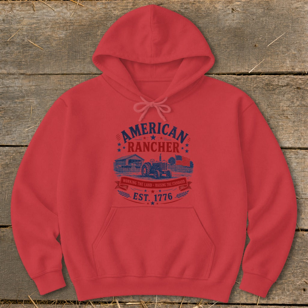 Red hoodie with "American Rancher Est. 1776" graphic featuring a tractor and barn.