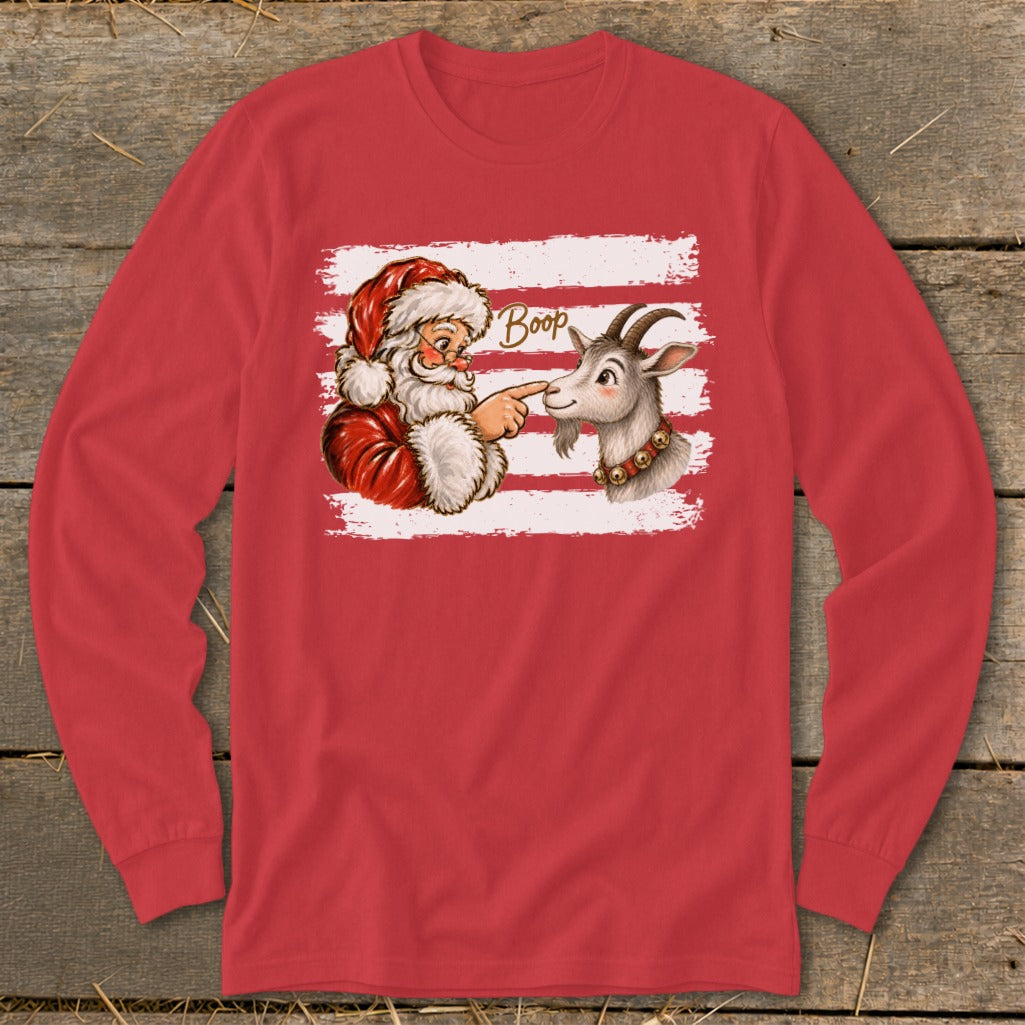 Santa boops a goat's nose, with the word "Boop" on a striped background.