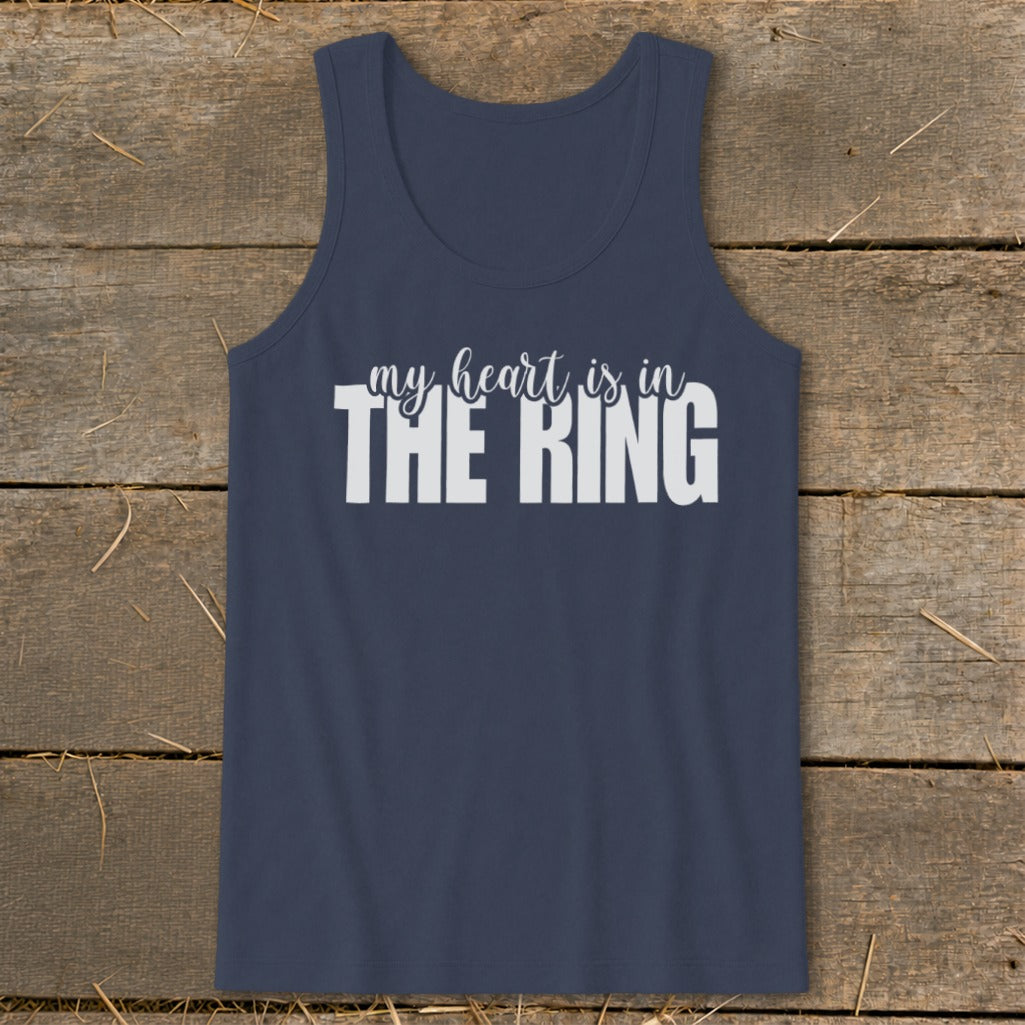 Navy blue tank top with white text "my heart is in THE RING".