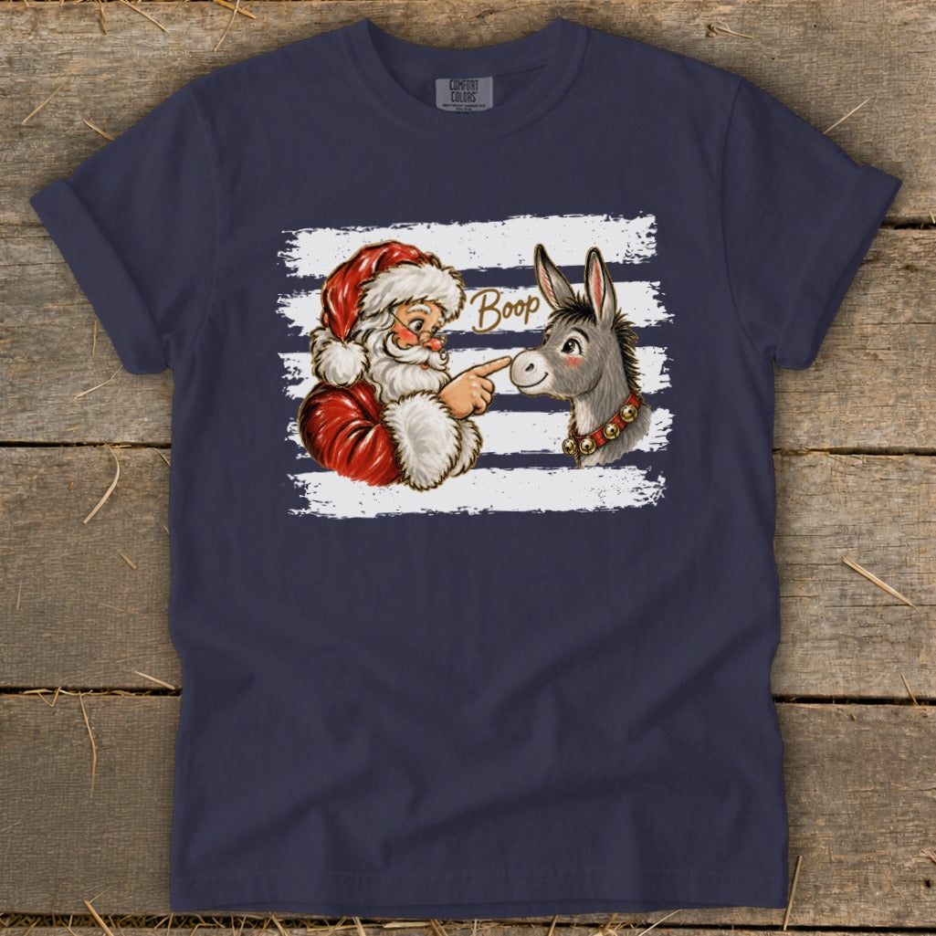 Santa pointing at a donkey with the word "Boop" on a navy t-shirt.