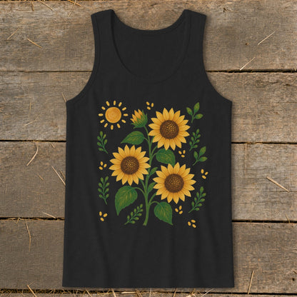 Black tank top with a watercolor-style sunflower and sun graphic.