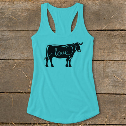 Turquoise racerback tank top with black cow graphic and "love" text.