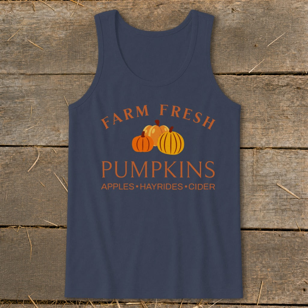 Navy tank top with "Farm Fresh Pumpkins" and fall harvest text.