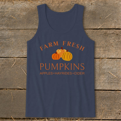 Navy tank top with "Farm Fresh Pumpkins" and fall harvest text.
