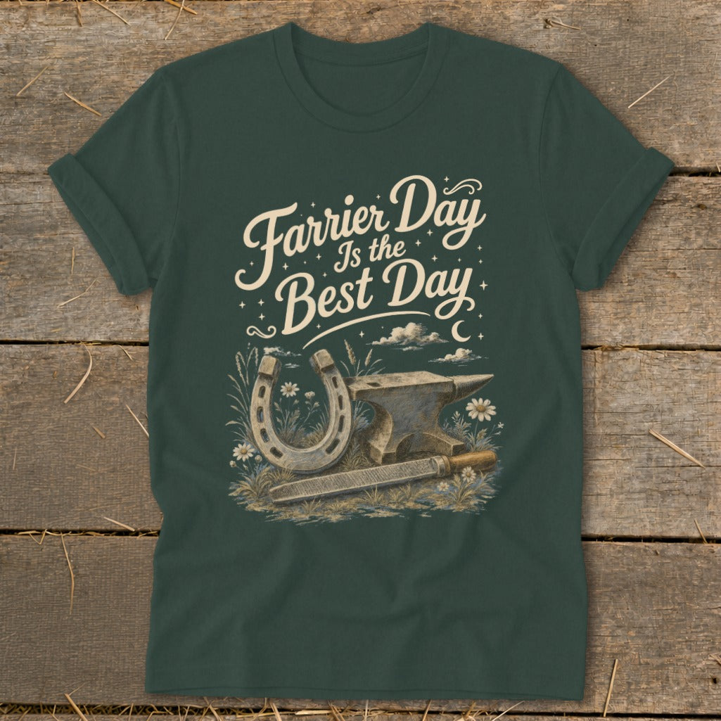 Green t-shirt with "Farrier Day Is the Best Day" text and horseshoe, anvil, and file graphic.